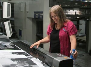 Joanne at a press check at an art printer in Shenzhen, China