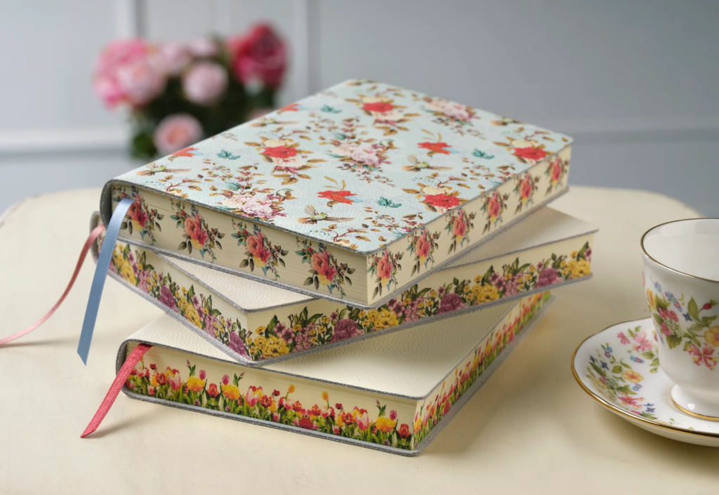 floral leather journal design with printed page edges