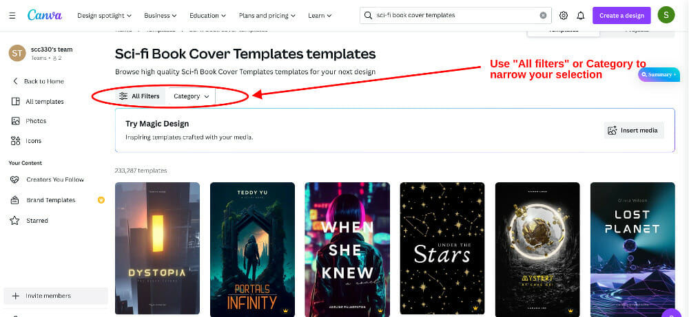 Canva ebook cover - Screenshot of search menu for filtering and categories