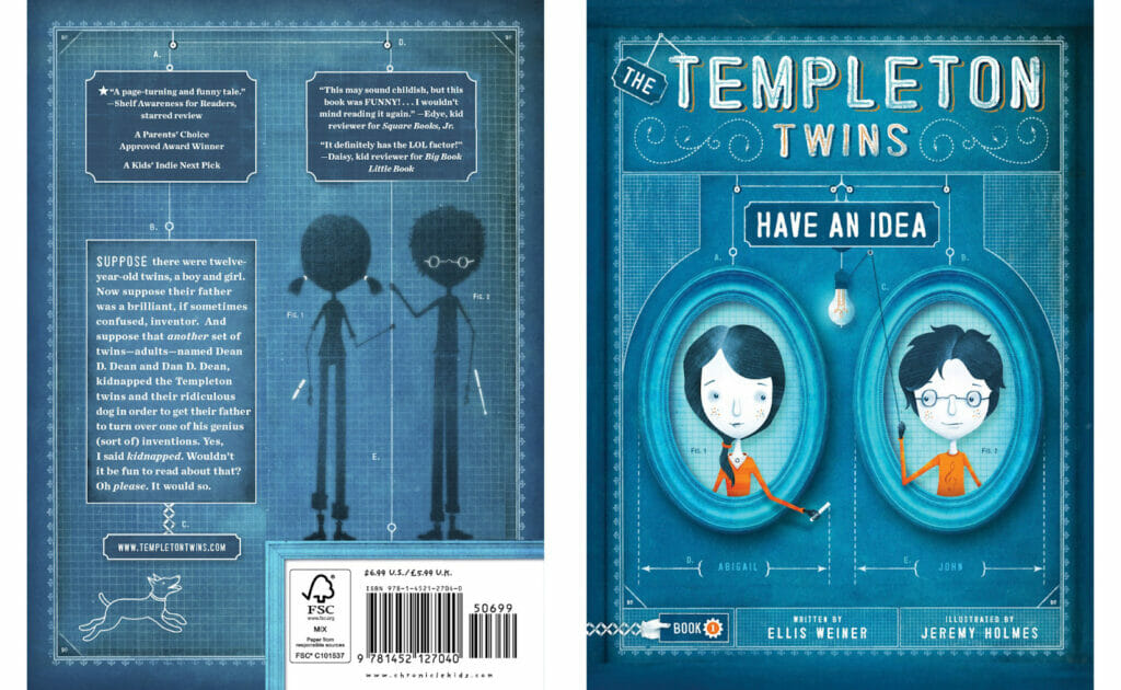 A back cover of a book examples of the book The Templeton Twins by Ellis Weiner and illustrated by Jeremy Holmes