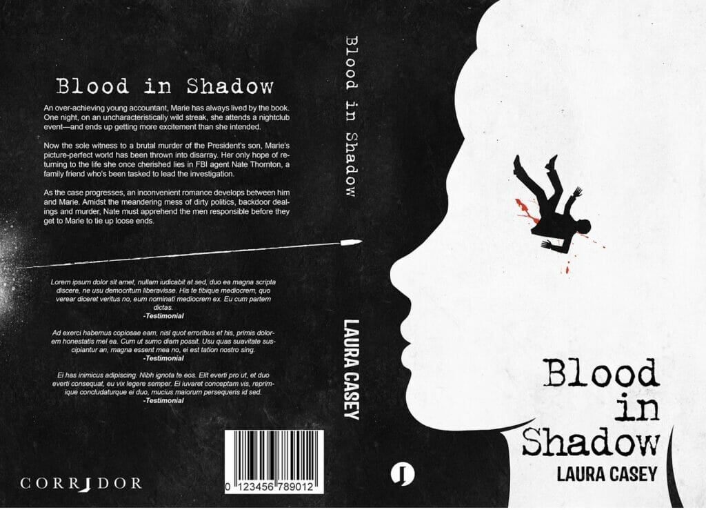 A back cover of a book examples of the book Blood in Shadow by Laura Casey