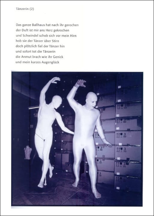 Page from a book featuring a German poem about the death of a dancer at the top, contrasted with an unsettling photograph of two people in an awkward dance at the bottom