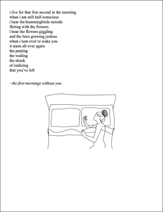 Page with a poem at the top and a sketch of a woman in a double bed at the bottom