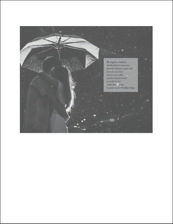 Poem set within a photograph of two people hugging under an umbrella