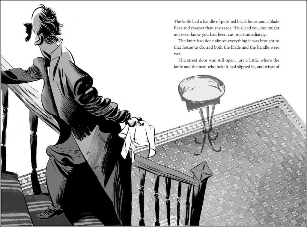 Large black and white illustration: Person on stairs spanning one and a half pages. Story text on the top right