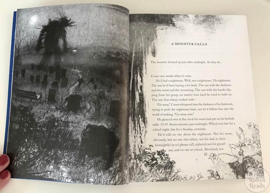 Open book with monochromatic monster on the left page and story text on the right, transitioning seamlessly through vignettes