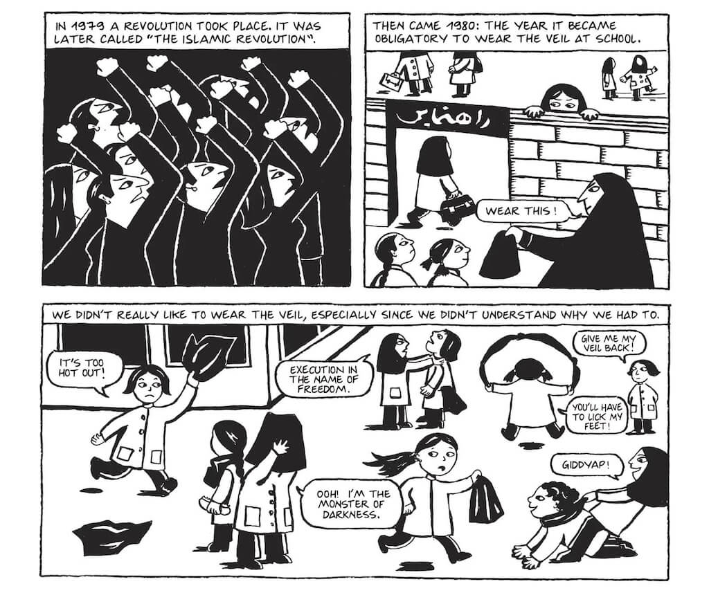 Monochromatic comic strip: Introduction of veils in Iran after the Islamic revolution. Top-left: revolution onset. Top-right: adult woman familiarizes schoolgirls. Bottom: girls in veils