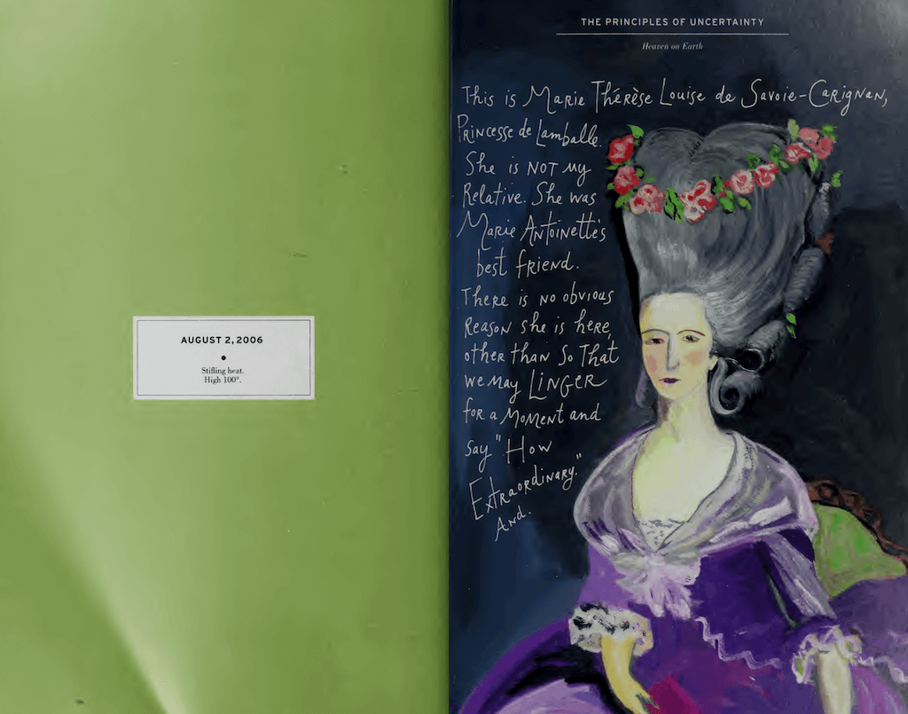 Left page entirely green with a centered date plaque, and on the right, a Rococo-styled woman with an intricate hairstyle, encircled by handwritten text
