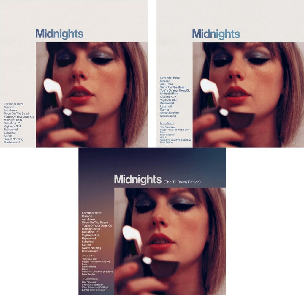 Taylor Swift album covers - Midnights 3am and Til Dawn Edition