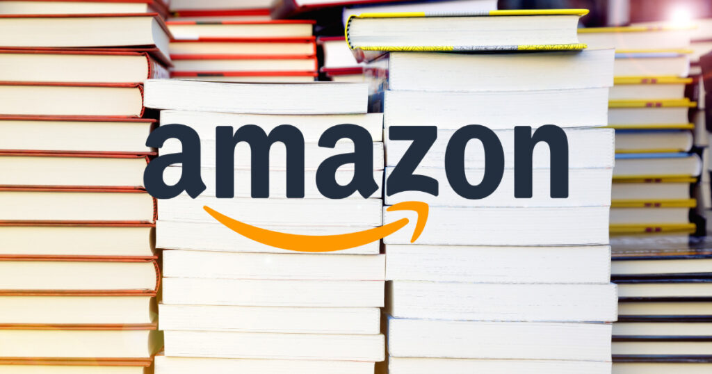 book launch - stack of books and Amazon logo