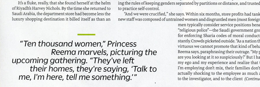 Magazine page featuring a pull quote from Princess Reema, 'Ten thousand women... Talk to me, I'm here, tell me something.'