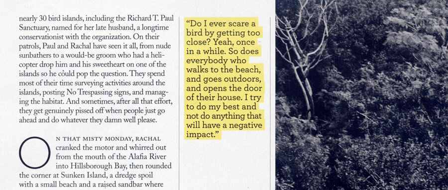 Magazine page with an environmental focus, showcasing a pull quote, 'Do I ever scare a bird by getting too close?... I try to do my best and not do anything that will have a negative impact.'