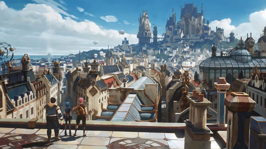 A sweeping view of Piltover, the City of Progress, from the animated series Arcane, illustrating its grand architecture and advanced technology.