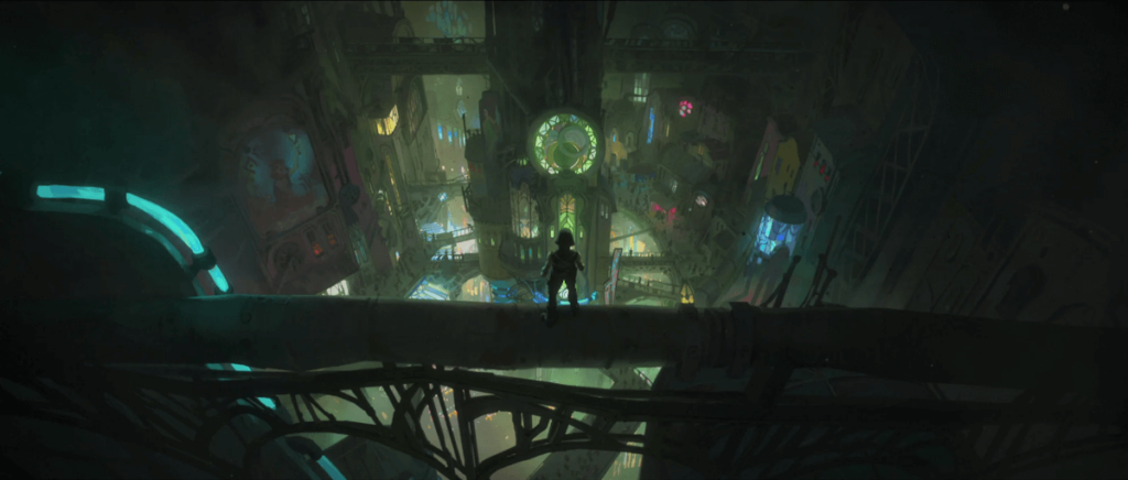 A vibrant night view of Zaun, the undercity from the animated series Arcane, showcasing the intricate layers and neon lights of this steampunk-inspired urban landscape.