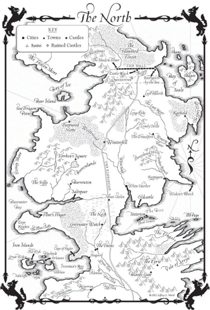 A detailed map of the northern part of Westeros from Game of Thrones.