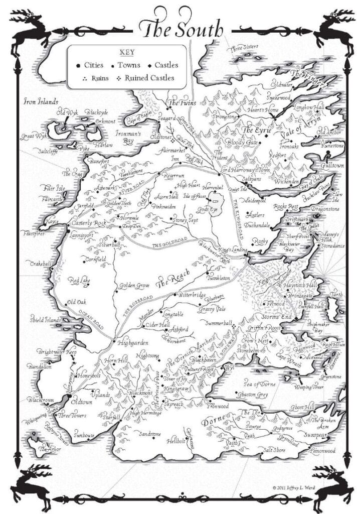 An intricate map of the southern territories in George R.R. Martin's Game of Thrones.