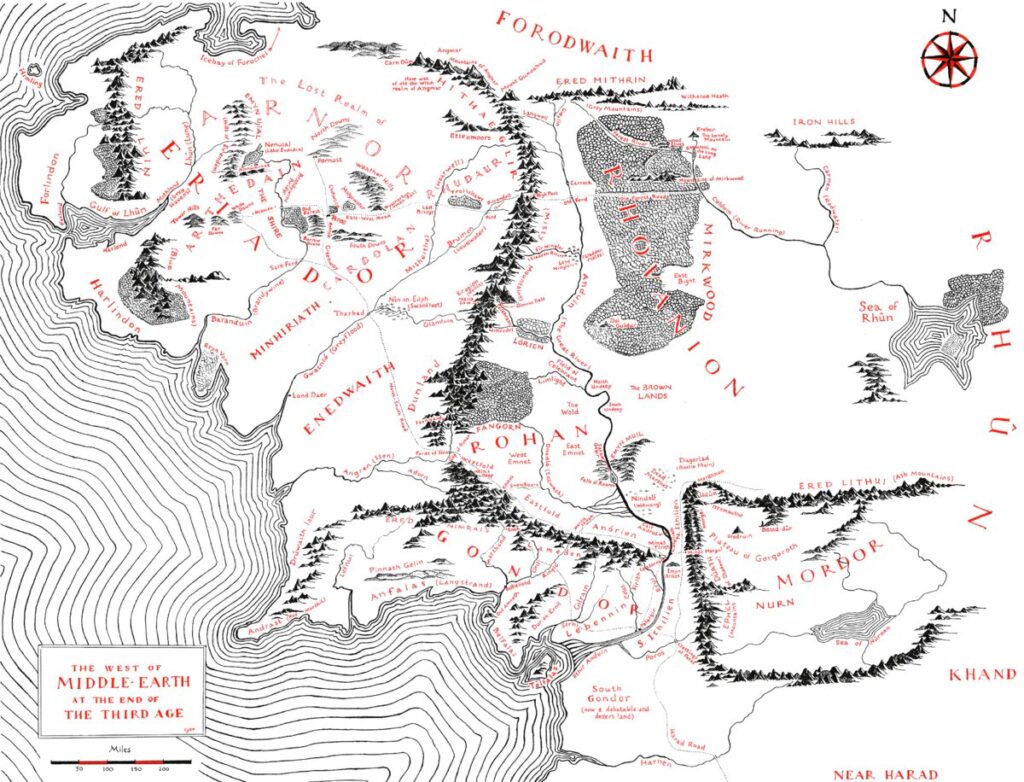 A detailed black and white map of the western regions of Middle-earth, depicting key locations from J.R.R. Tolkien's fantasy universe at the end of the Third Age.