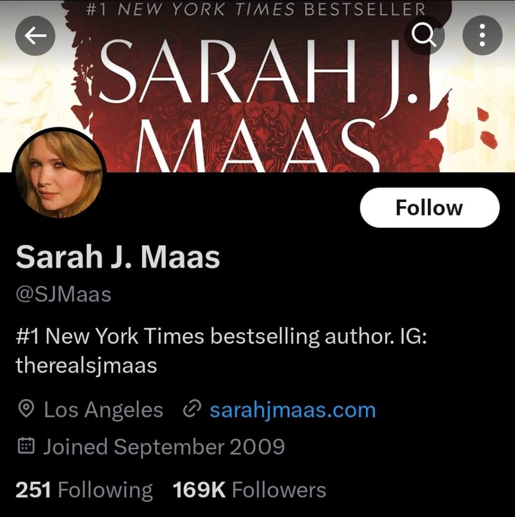 Screenshot of Sarah J. Maas's Twitter profile,highlighting her bestselling author status, echoing the first sentence from her website's bio